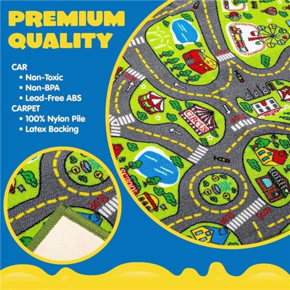 Kids Play Rugs -12 Pull-Back Vehicle Set-Durable Carpet Playmat Rug-Pretend Play - Picture 7 of 8